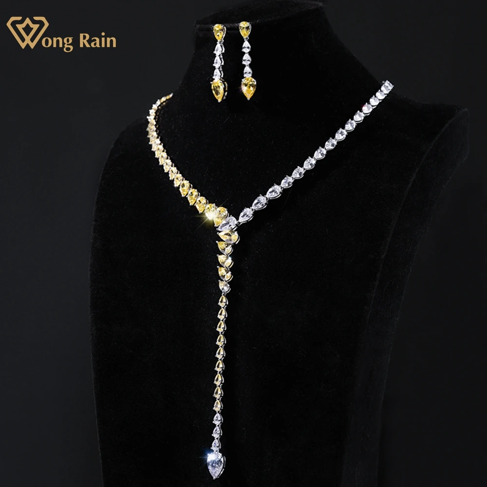 

Wong Rain Vintage 925 Sterling Silver 3EX Pear Cut VVS Created Moissanite Yellow Diamonds Earrings/Pendant Necklaces Jewelry Set