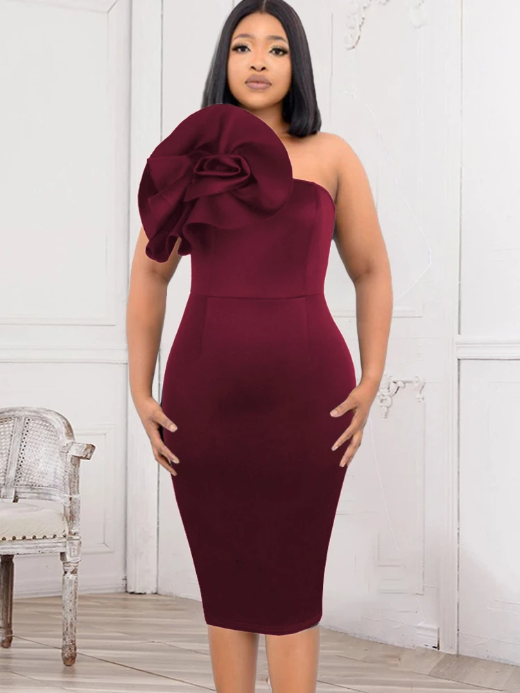 

Women Bodycon Slim Dress Party Flower One Shoulder Sheath Midi Sexy Fashion Evening Party New Date Out Event Summer Female Robes