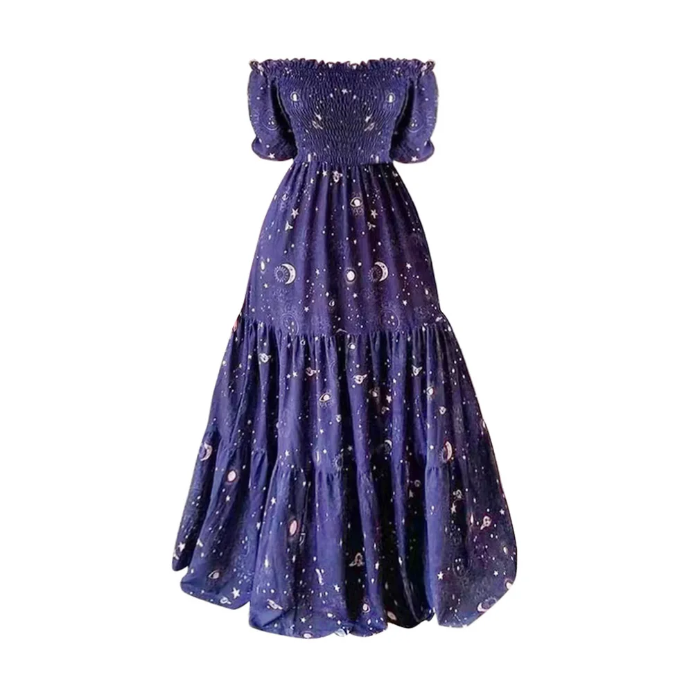 

Celestial Sun Moon Star Allover Print Maxi Dress Shirred Ruffles Off The Shoulder Puff Sleeve Vestidos Female Printed Robe