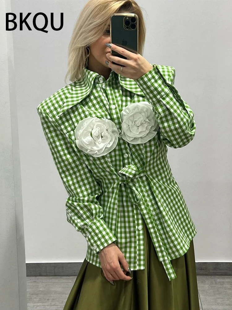 

BKQU Women Shirt Autumn Plaid Long Sleeve Turn-down Collar Blouses 3D Three-Dimensional Floral Elegant Office Female Blouse 2023