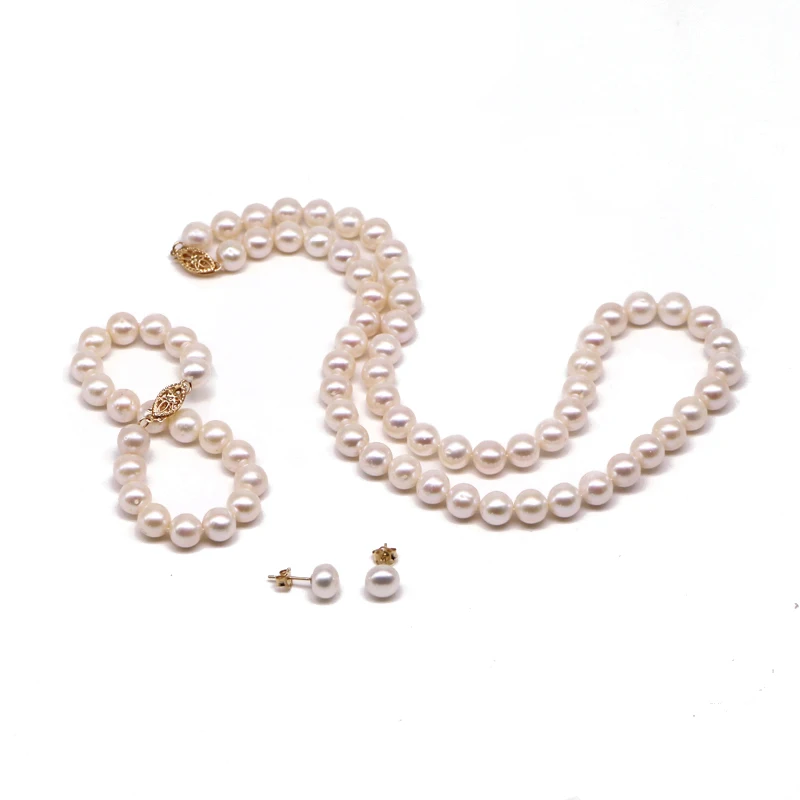 

Wedding Jewelry Pearl Sets For Bride Cream White Necklace Bracelets Earrings Original Cultured Fresh Water Jewellery For Women