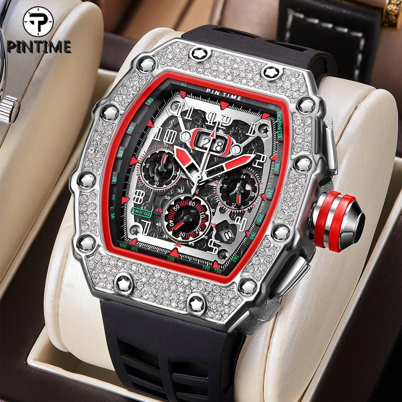 

PINTIME Military Quartz Watch for Men Luxury Chronograph Diamond Iced Out Wristwatch Silicone Clock Male zegarek meski montre