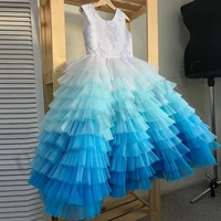 fashion tiered blue flower girl dresses tulle appliques birthday costumes long wedding modeling gown wholesale drop shipping