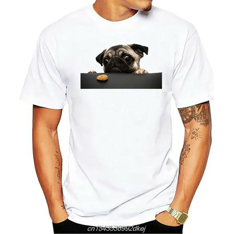 

2019 Men's Basic Short Sleeve T-Shirt 3D Print T Shirt Pug Looking At Cookie Cotton Funny T-shirt Home Top Tees