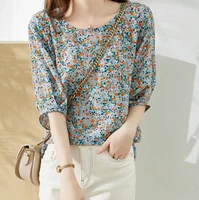 floral chiffon shirt womens summer 2021 new short sleeved loose shirt fashion half sleeved top korean vintage