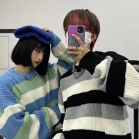 japanese striped couple winter knitted sweater korean emo pullover jumper streetwear high street color blocking long sleeve tops