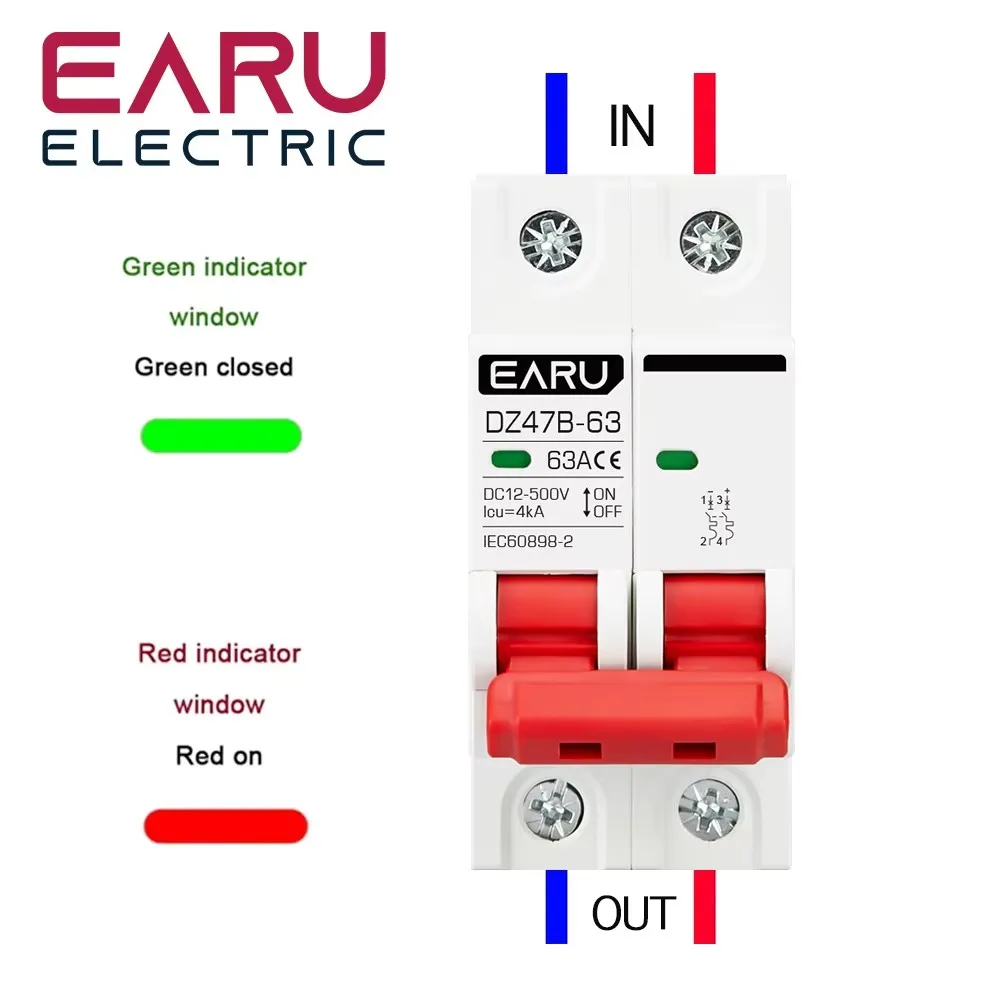 1P 2P DC 12V 24V 6A-63A MCB Battery Car Protector Positive And Negative Pole Protection Switch Isolator Min Circuit Breaker