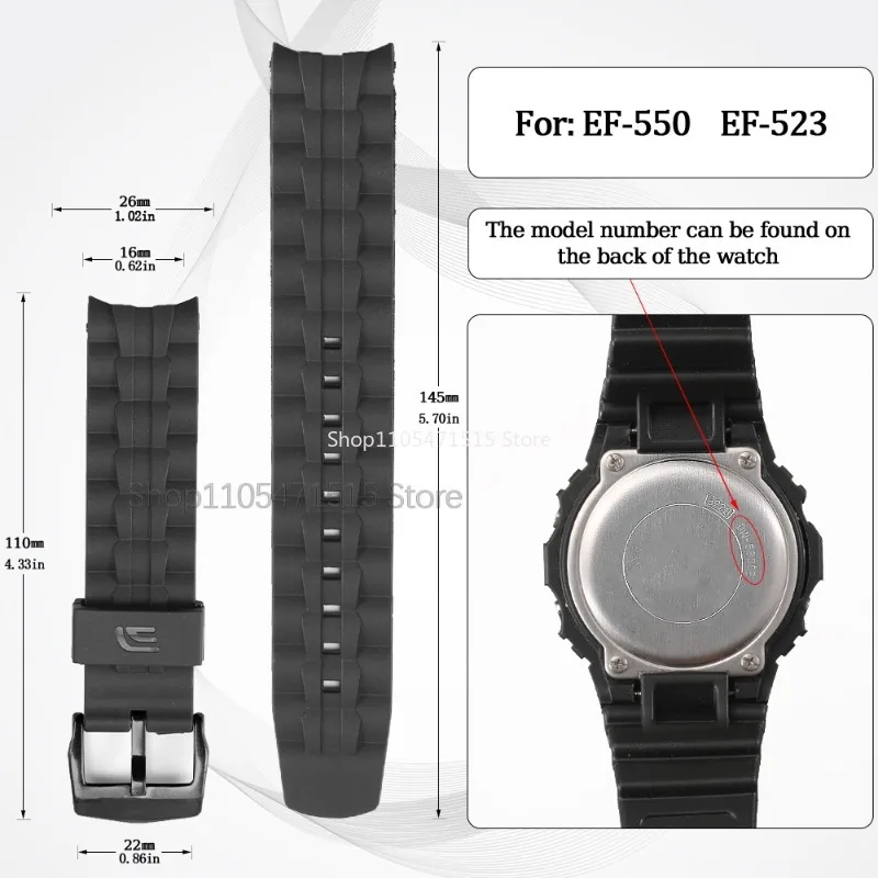 Фото Резиновый ремешок из смолы для Casio Edifice EF-550/EF-523, черный ремешок, серебристая/черная застежка, водонепроницаемый спортивный браслет + инструмент №2