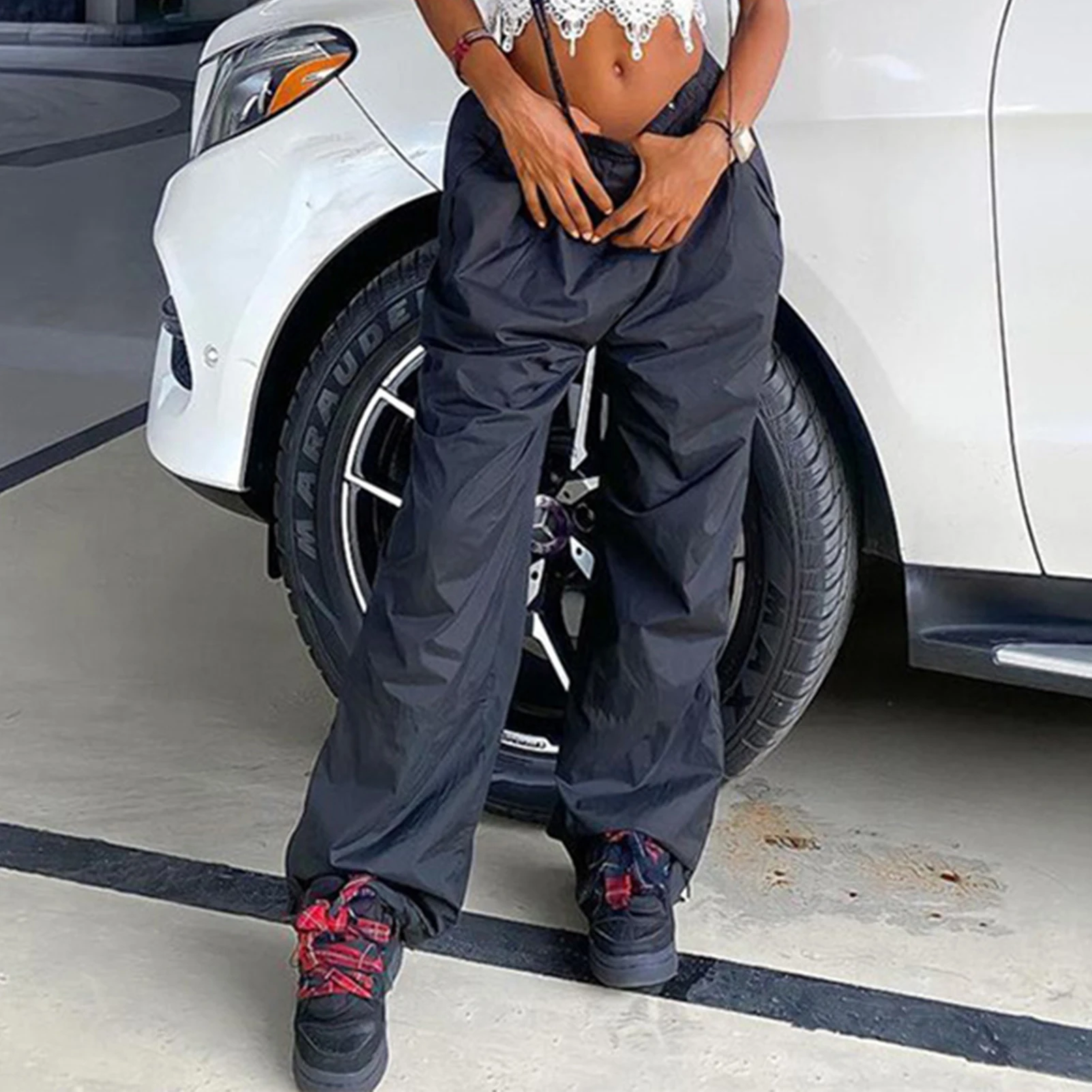 

Women Drawstring Tied Pants Low Waist Cotton Baggy Trousers Solid Color Y2K Style Retro Casual Daily Outfit