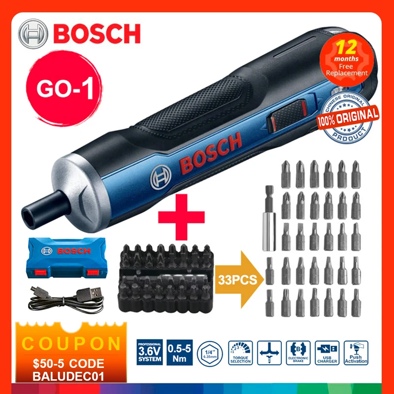 BOSCH Go1 Electric Screwdriver Set 3.6V Rechargeable Automatic Screwdriver Hand Drill with 33pcs Screwdrivers