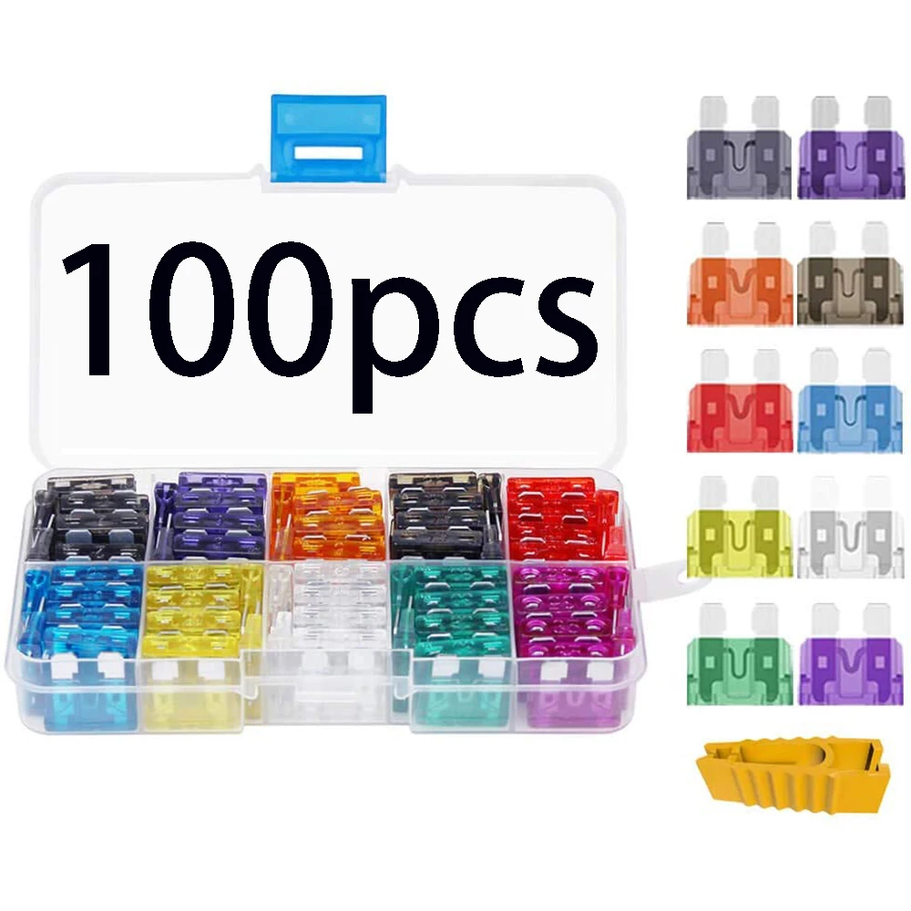

100pcs Auto Car Rv Medium/Small/Mini Fuse - Auto ATO Blade Fuse Combo Kit (2A 3A 5A 7.5A 10A 15A 20A 25A 30A 35A)