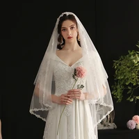 v654 graceful wedding bridal long white veil one layer appliqued tulle beading bride to be veils with comb women wed accessories