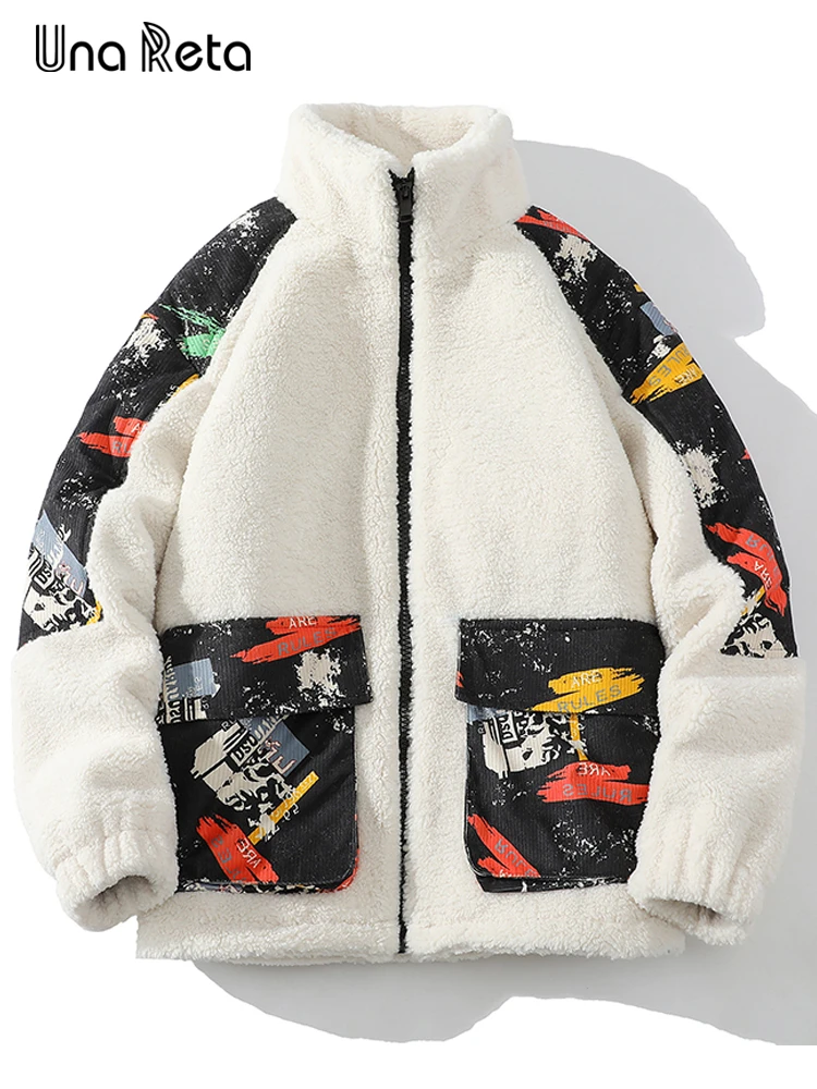 Una Reta Winter Male Coat New Casual Retro Lamb Wool Parka Jackets For Men Clothing Warm Hip-hop Graffiti pocket Couples Jacket