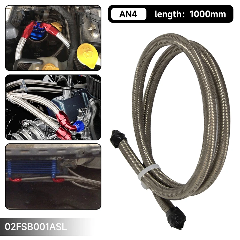 1M 3 FT 4AN Nylon Steel/ Stainess Braided Fuel Oil Gas Hose Line AN 4 AN -4 Black / Silver