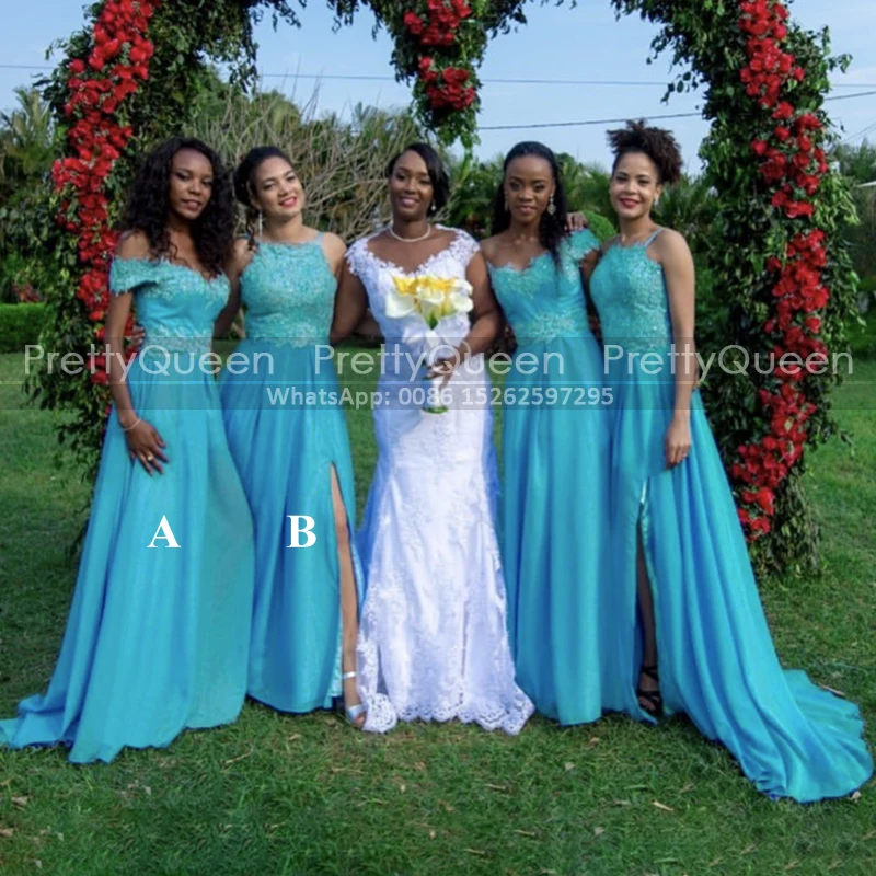 

Женское шикарное платье подружки невесты, длинное шифоновое платье небесно-голубого цвета с аппликацией и разрезом сбоку, без рукавов, для свадебной вечеринки