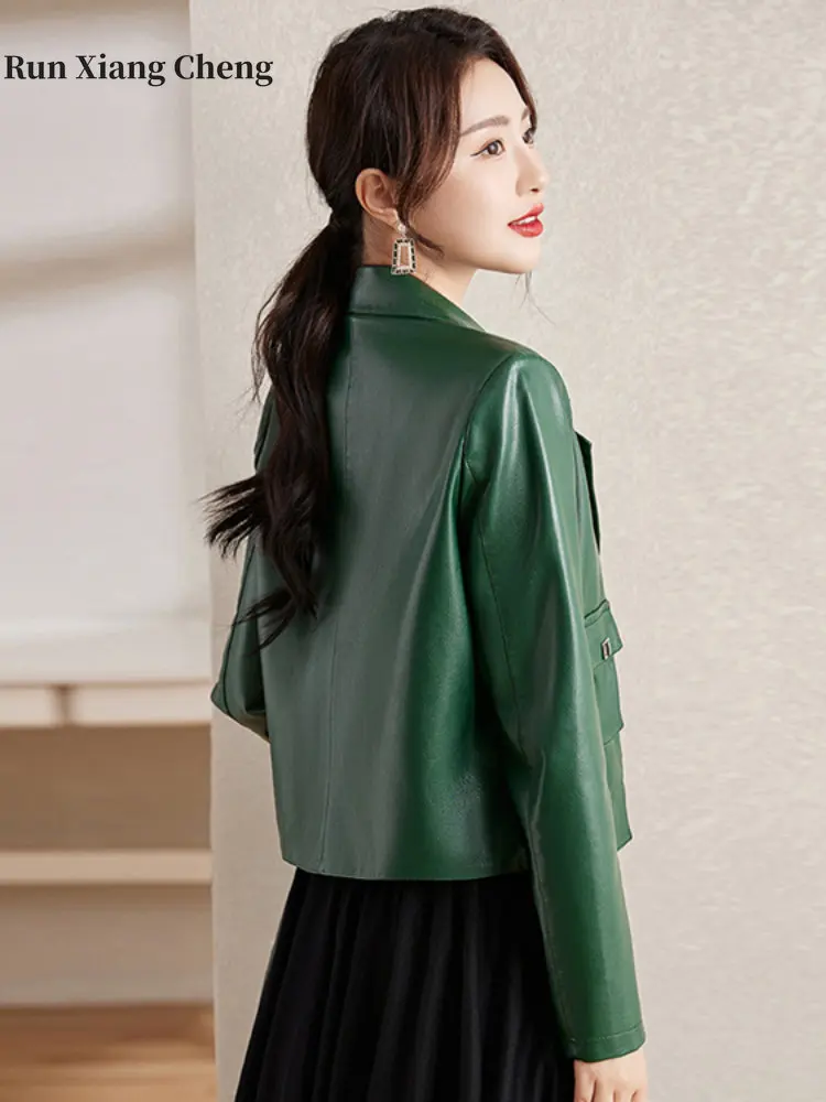 2023 Autumn Short Faux Leather Jacket Women's High-end Korean Slim-fit Overcoat Tailored Collar Elegant Comfy Commuter Style Top