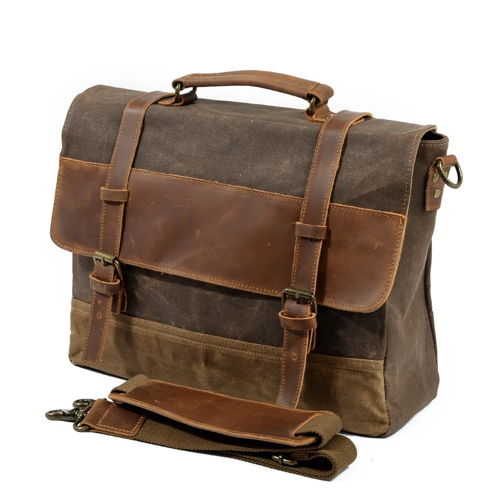 

Mens Shoulder Canvas Leather Satchel Messenger Men Briefcase Bags Waterproof 14" Vintage Handbags Computer Large Laptop Bag