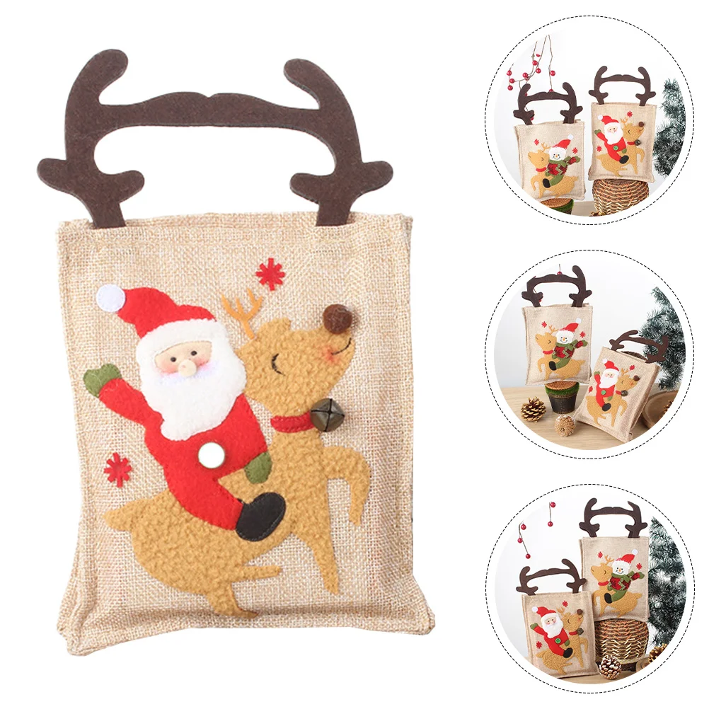 

Antlers Handles Adorable Cartoon Christmas Linen Xmas Treat Bag Fabric Present Bag Xmas Party Favors Bag Xmas Gift Packing Bag