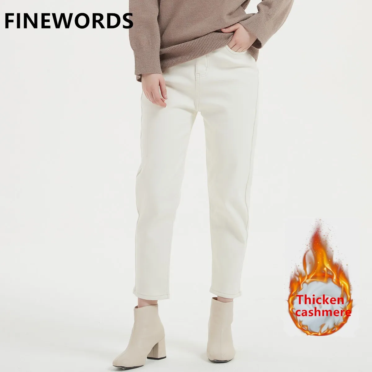 FINEWORDS Winter Thicken Cashmere Warm Harem Mom Jeans Women Vintage Casual Boyfriend Jeans Streetwear Korean Beige Denim Pants