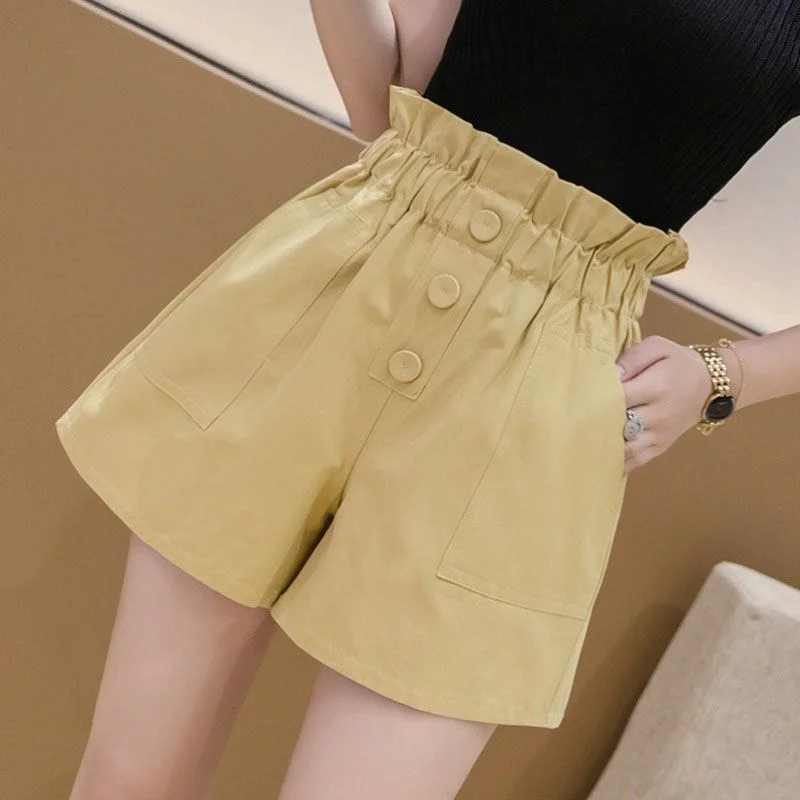 High Waist Womens Shorts Loose Elastic Yellow Wide with Belt Short Pants for Women To Wear Baggy Korean Style Casual Clothes Hot