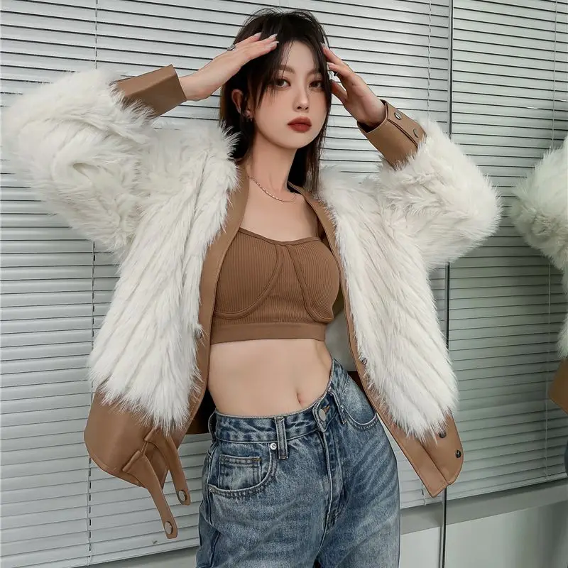 

Женское короткое пальто из искусственного меха, облегающее пальто с V-образным вырезом и вставками в Корейском стиле, весна 2023