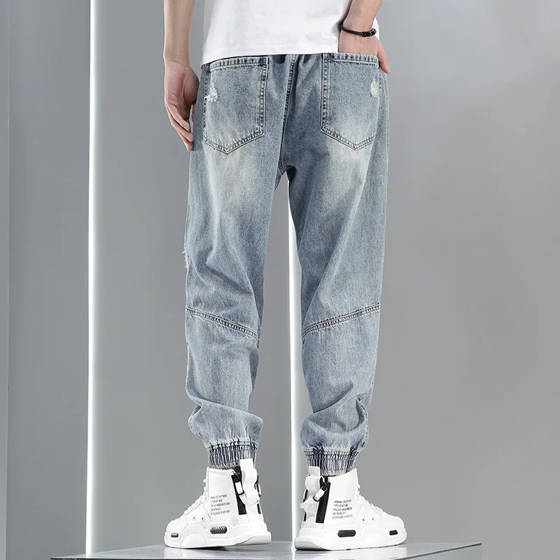 Tide Brand Loose-fitting Jeans Men's Spring And Autumn Thin Section Trend Hole Harem Version Casual All-match Nine-point Pants