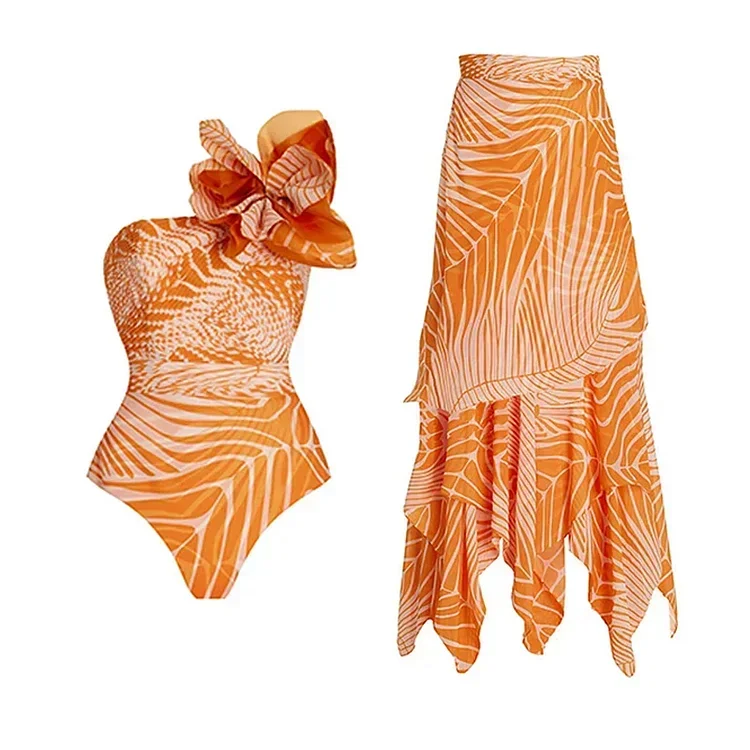 

2023 New 2-Piece 3D Flower Printed One piece Swimsuit Set Push Up Printed Women Swimwear Beachwear Bathing Suit