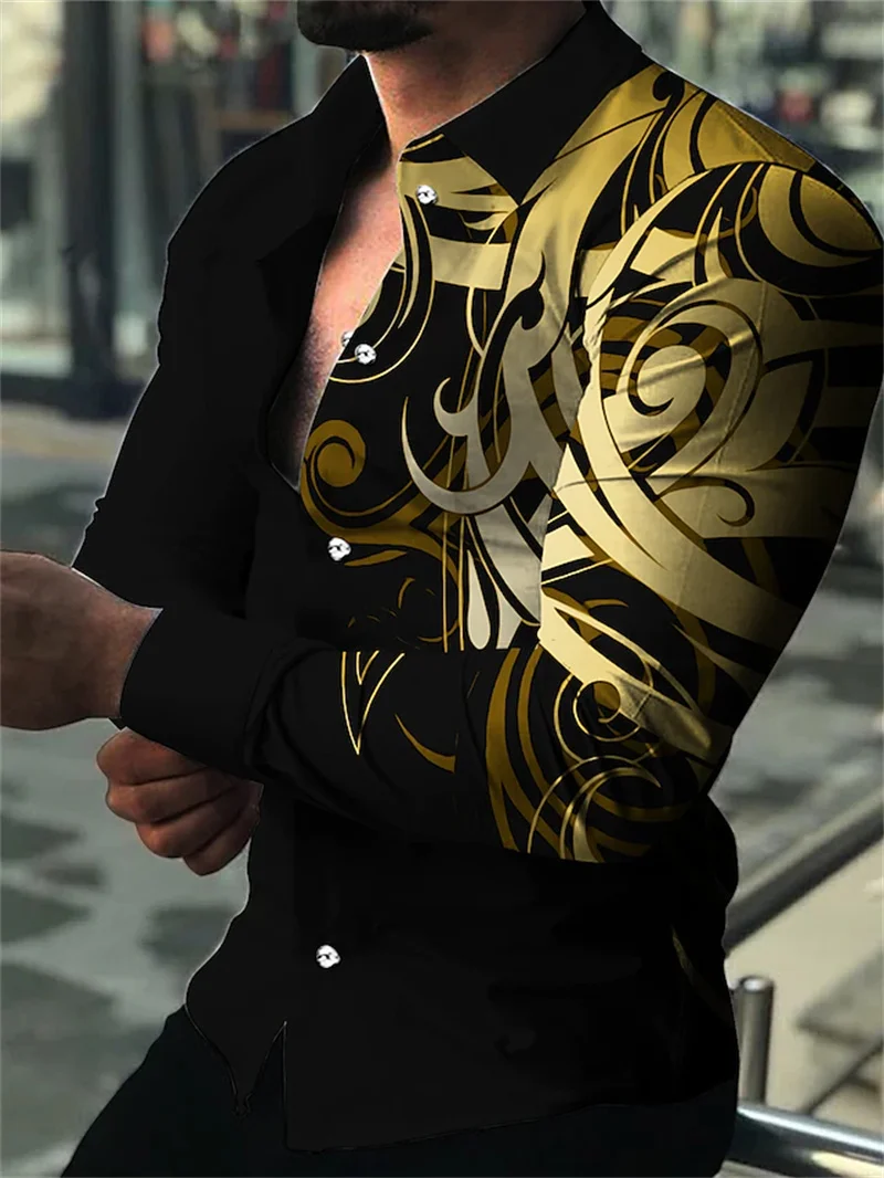Spring Autumn Men's Luxury Fashion Shirts Print Lapel Designer Slim Long Sleeve Button-Up Shirts Cozy Social Club Prom Bar