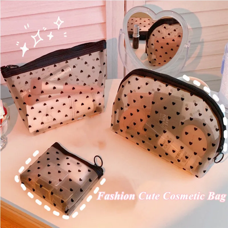 

3 Styles of Black Heart-shaped Printed Mesh Cosmetic Bag Simple Large-capacity Wash Bag Portable Carry-on Cosmetic Storage Bag