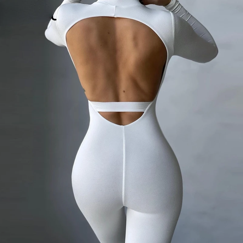 

Long Sleeve White Backless Jumpsuit Women Romper One Piece Outfit Ladies Sexy Bodycon Black Brown Jumpsuit Female 2021 traf