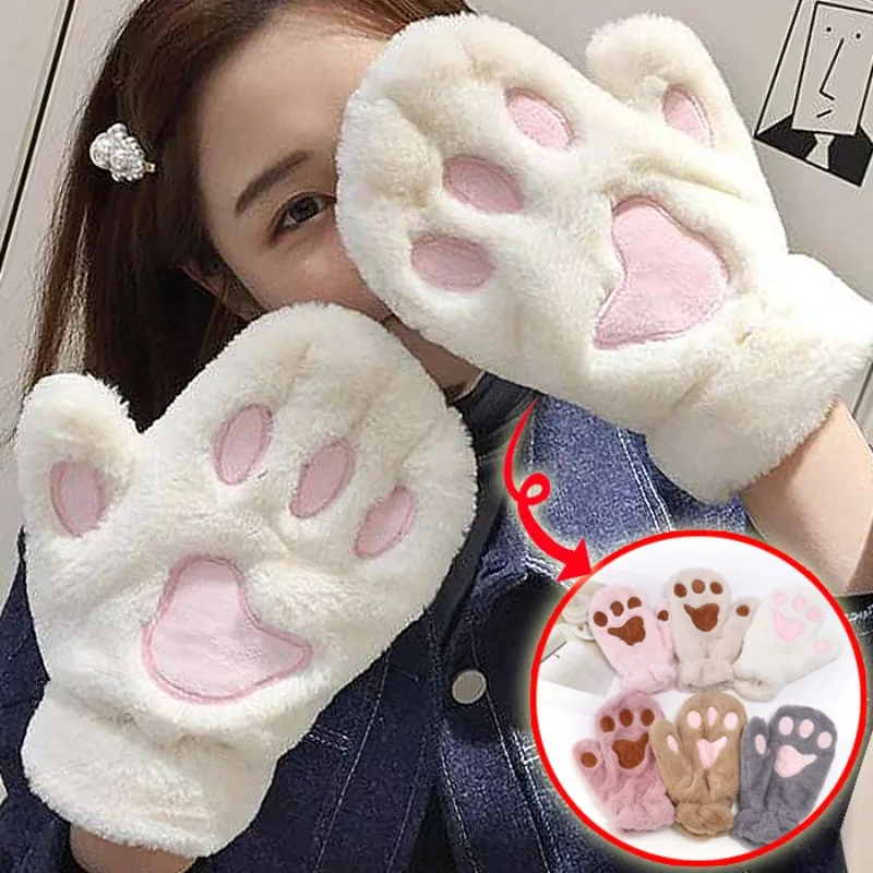 

Cat Claw Cute Plush Gloves Winter Thickened Velvet Warm Full Finger Gloves Even Fingers Gloves Kawaii Girl Mittens Cold-proof