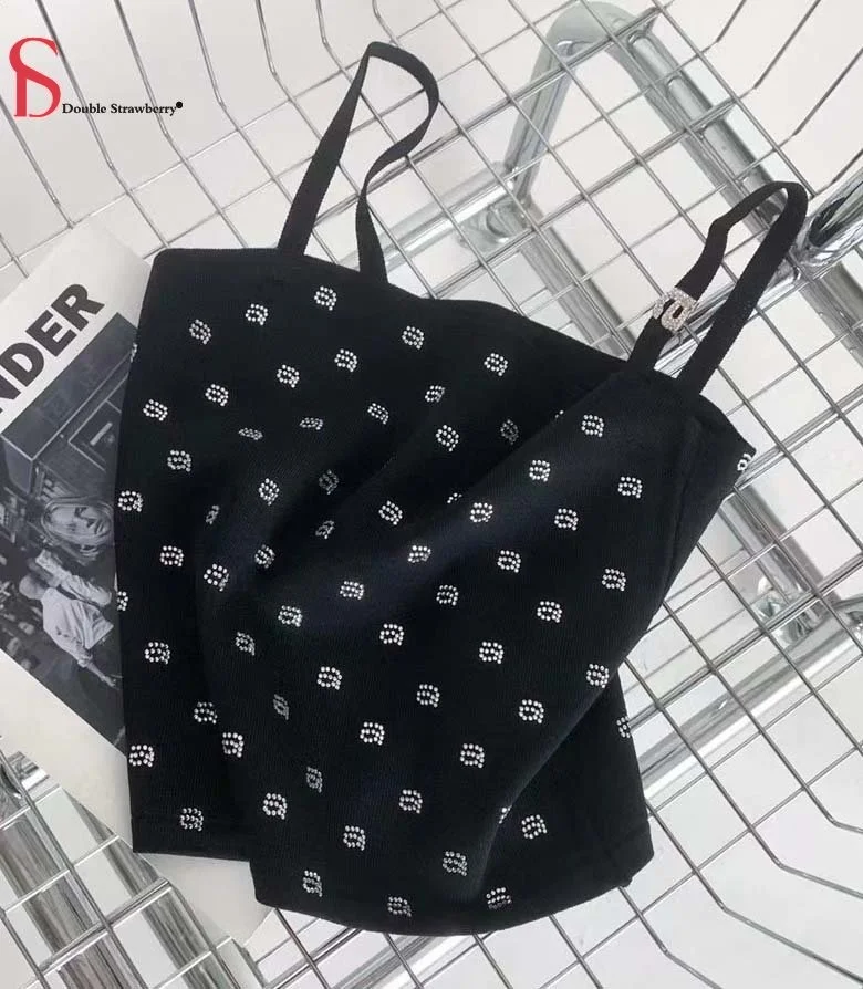 

Tops Knit Crop Women's Aw Wang Summer New Hot Diamond Full Print Letter Knitted Suspended Tank Top