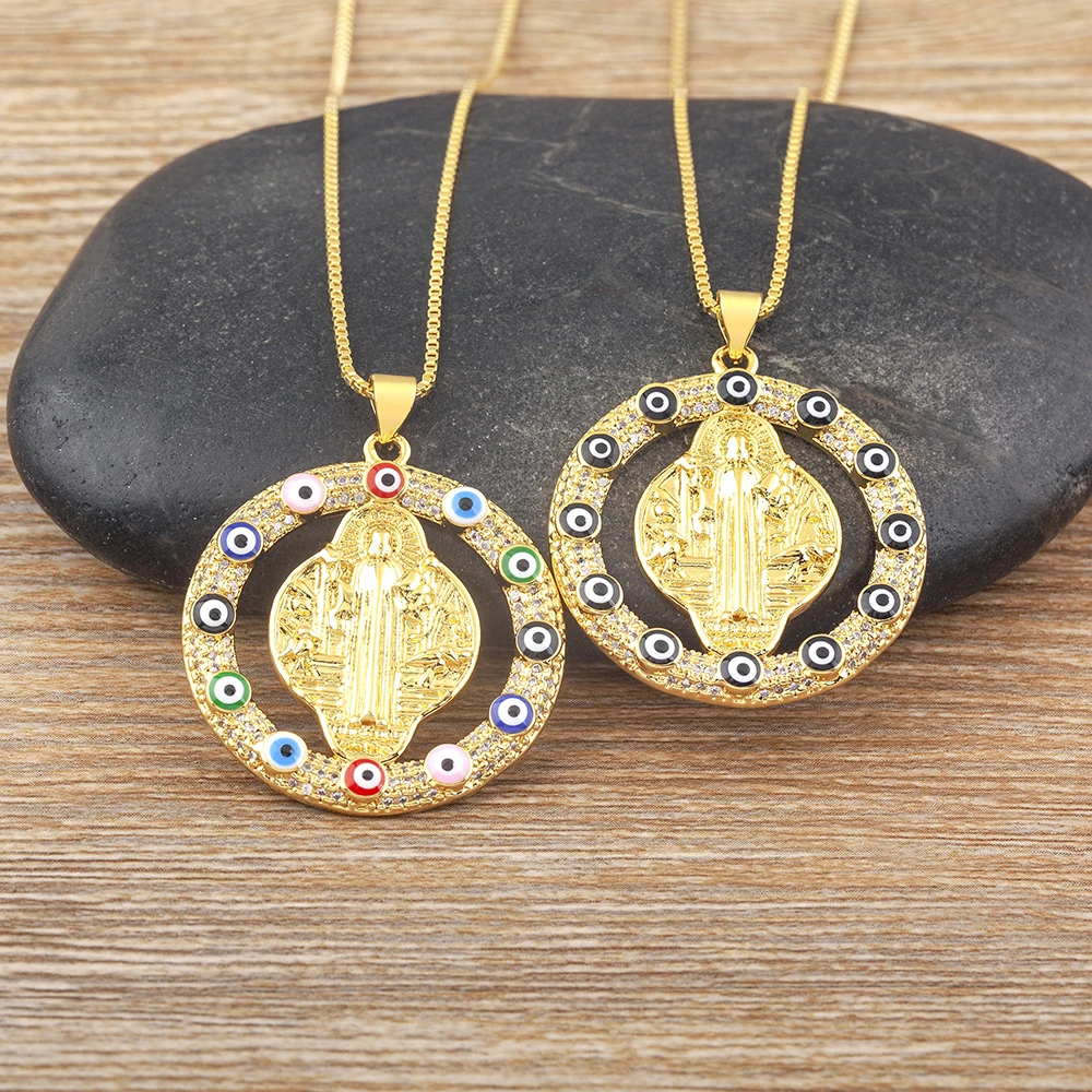 

Nidin European and American Creative Design Round Virgin Mary Pendant Necklace Copper Drip Oil Evil Eye Zircon Collar Jewelry