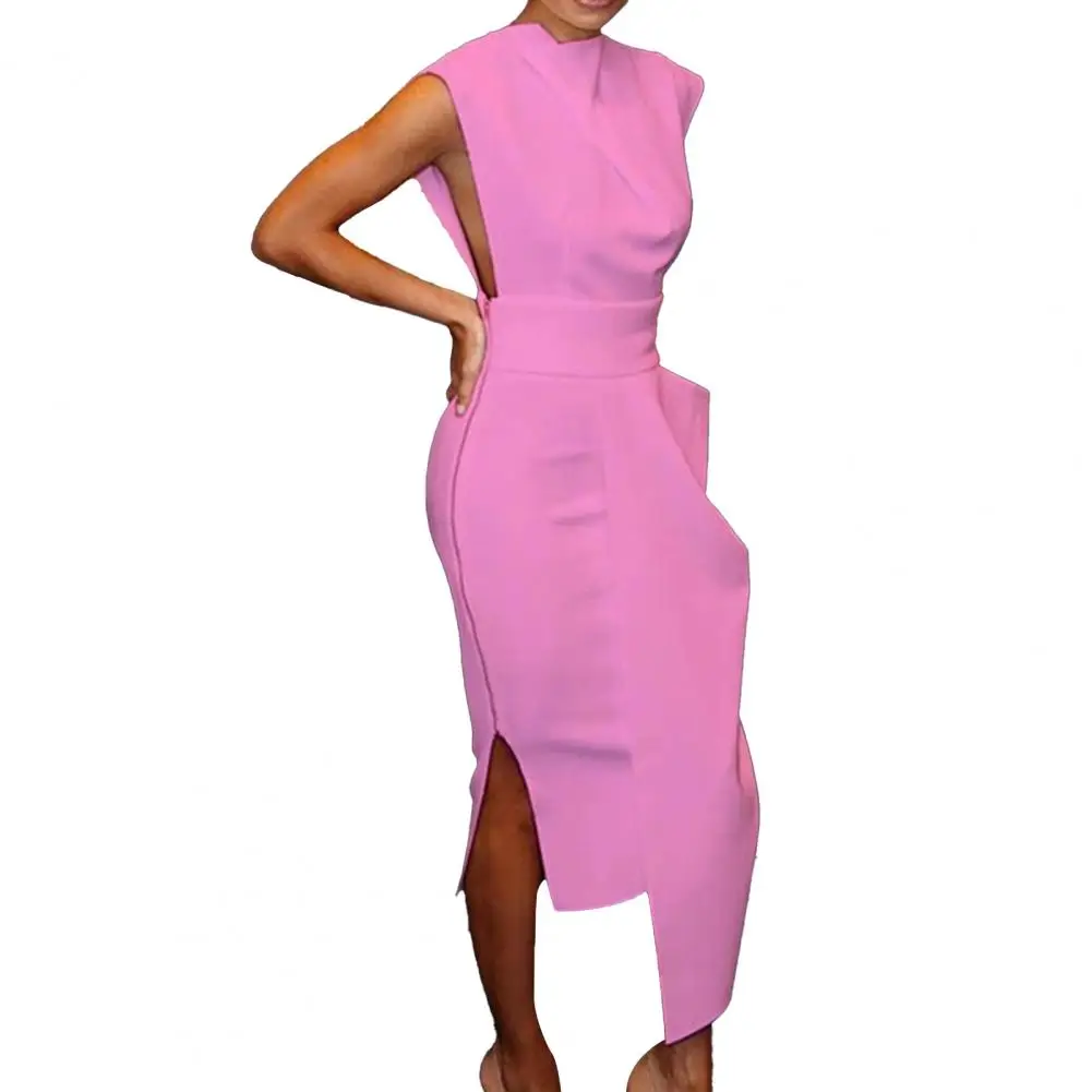 

Summer Dress Sheath Dress Sleeveless Refreshing Solid Color Hip Wrap Tight Waist Side Zipper Slit Irregular vestidos femme