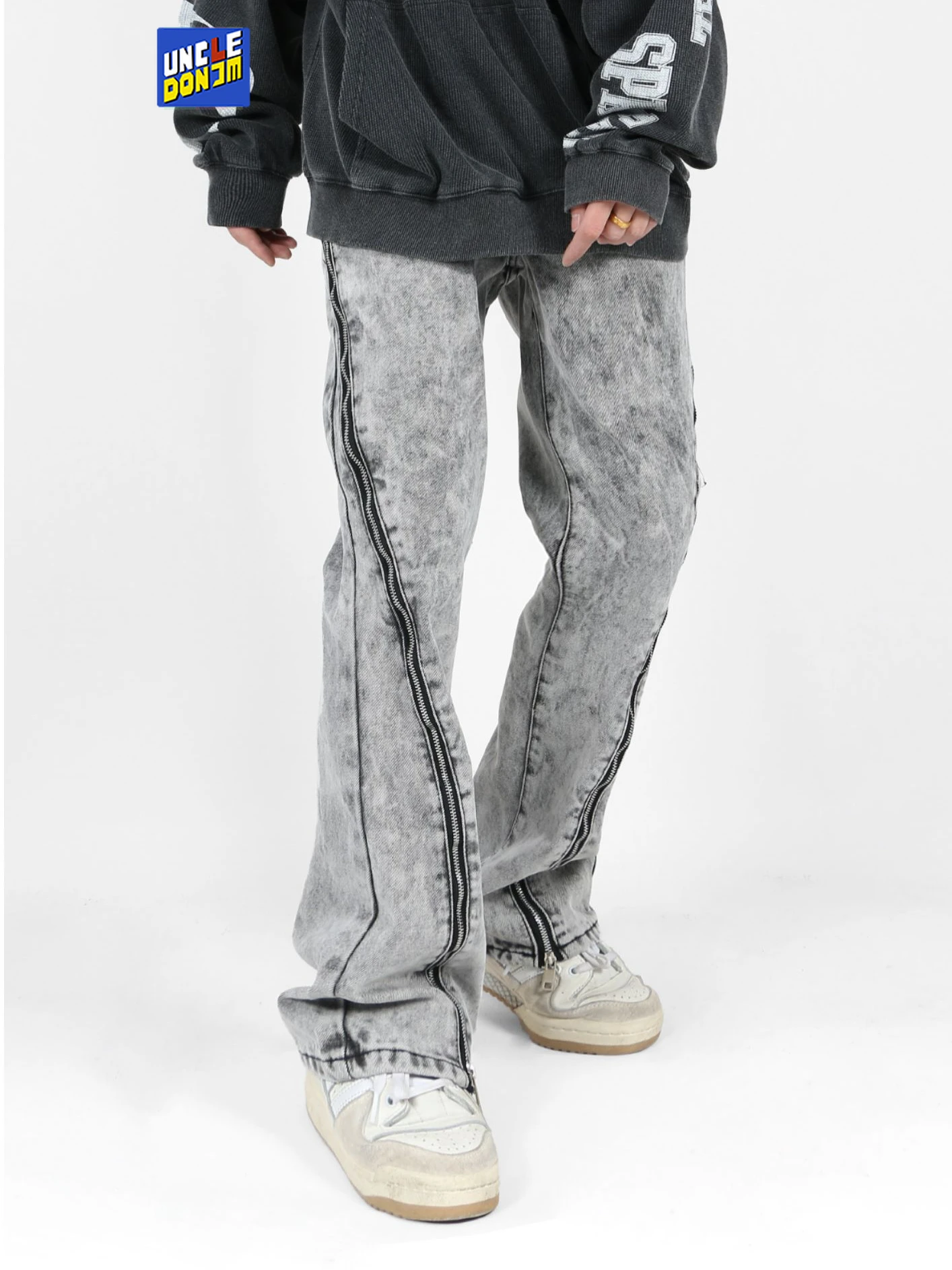 

Zipper Design Washed Distressed Denim Jeans Men Street Fashion Oversized Wide Leg Pants Bike Casual Flared Pants Dropship