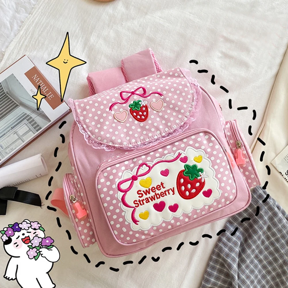 

Kawaii Outdoor Daypack Cute Strawberry Embroidery Student Mochila Dots Multi-Pocket Nylon Fashion College for Teen Girls