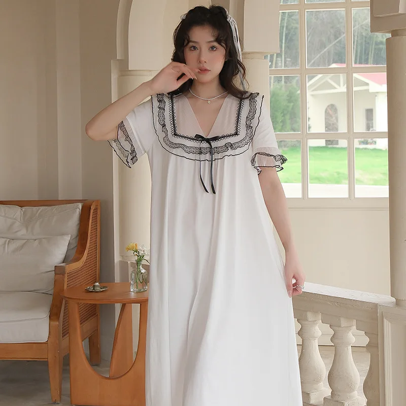 

Women Loose 100% Cotton Large Size Sleepwear French Lace V-Neck Long Mid-Calf Nightdress Summer Short Sleeve White Nightgown