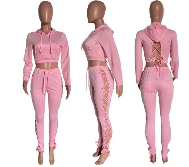 Women Tracksuits Sexy Piece Sets Summer Hollow Out Cross Lace-Up Hoodie Crop Top Solid Color New Casual Drawstring Fitness Suit