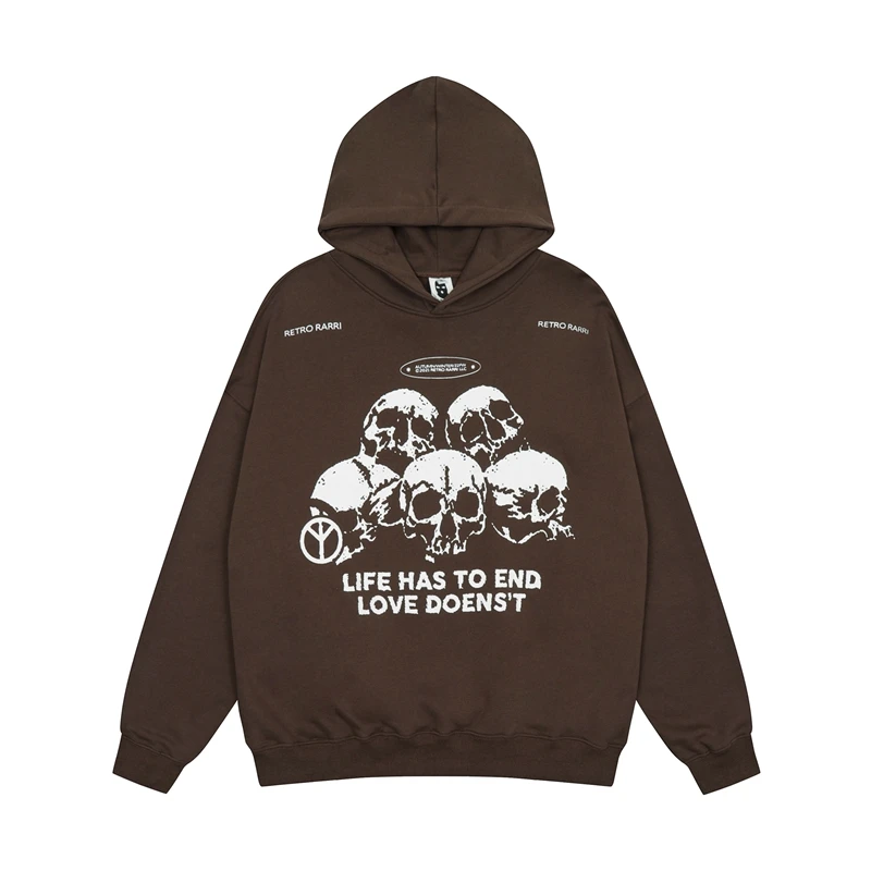 

Harajuku Skull and Letter Print Men and Women Hooded Hoodies High Street Retro Casual Oversized Pullover Terry Sweatshirts
