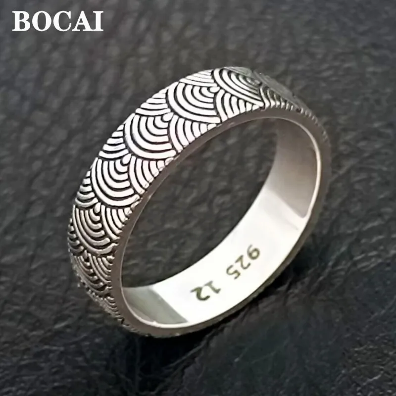 

BOCAI New 100% S925 Silver Jewelry Beautiful Retro Turning Luck Seigaiha Wave Pattern Ring for Man and Woman Free Shipping