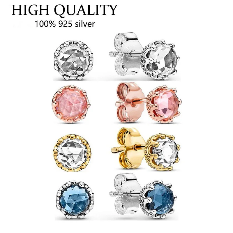 

Authentic S925 Sterling Silver Transparent Gem Shining Crown Earrings Women's Fashion Jewelry Gifts