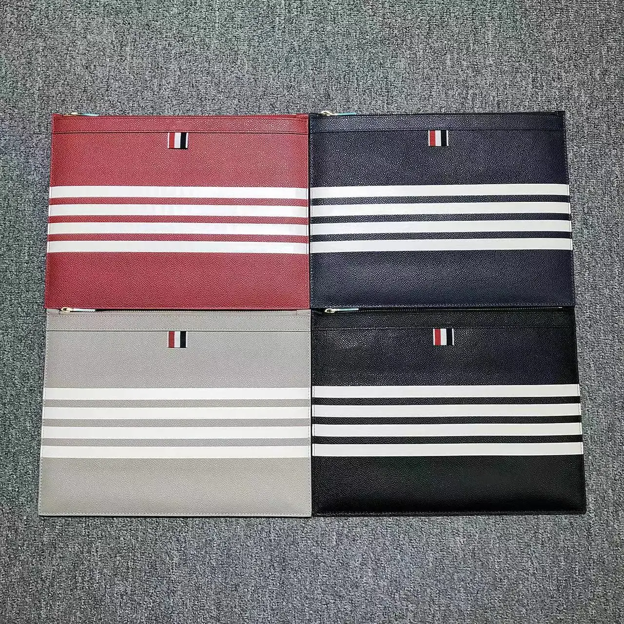 TB THOM Leather Men's Clutch Bag Classic White 4-Bar Striped Design Handbag Leather High Quality Large Capacity Envelope Bag