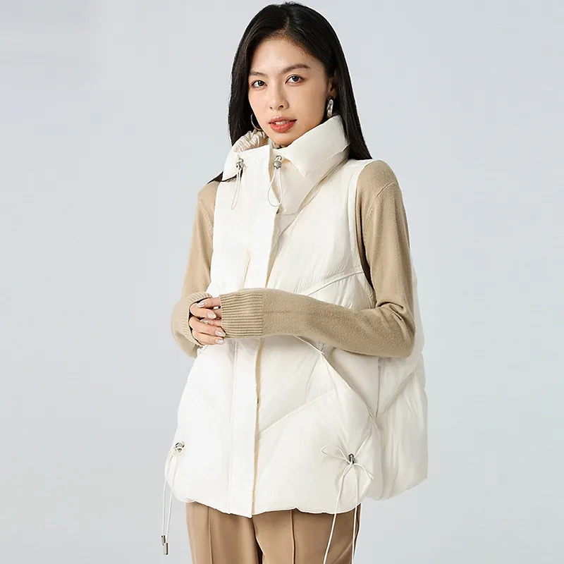 

2022 Drawstring Down Waistcoat Jakcet Women Warm Light Thin White Duck Down Vest Parkas Lady Stand Collar Sleeveless Short Tank