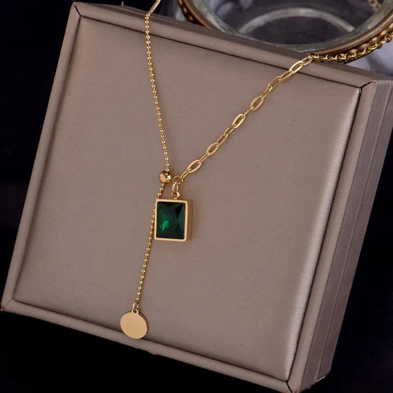 

Accessories for Women Emerald Stainless Steel Gold Color Necklace for Woman Jewelry Girl Sexy Clavicle Chain Collares Para Mujer