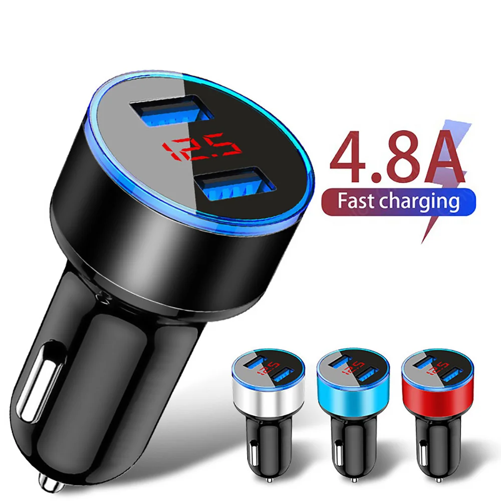 4.8A Car Charger 2 Port Fast Charging for iphone 13 12 pro Samsung Xiaomi Universal Adapter with LED Display 5V USB Car Charger