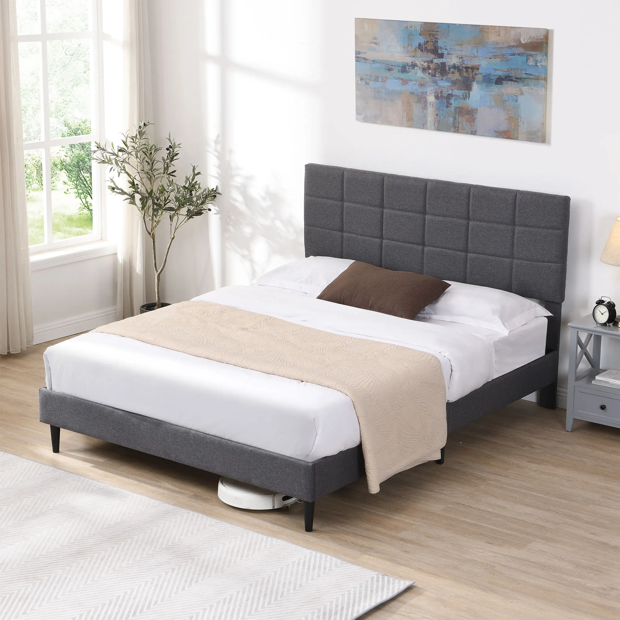 With Fabric Upholstered Headboard&wooden Slats Gray/beige Easy Assembly[us-w]
