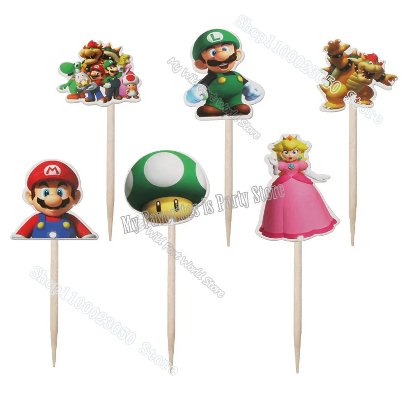 Партийные принадлежности Super Mario Bros: одноразовая посуда (тарелки, кружки), задник, баннер с надписью «С днем рождения», подарочная сумка, шары, украшение торта.