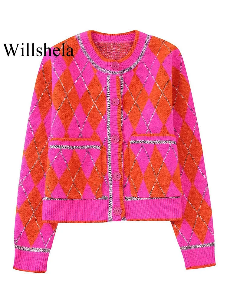 

Willshela Women Fashion With Pockets Printed Knitted Pullover Sweater Vintage O-Neck Single Breasted Long Sleeves Female Tops