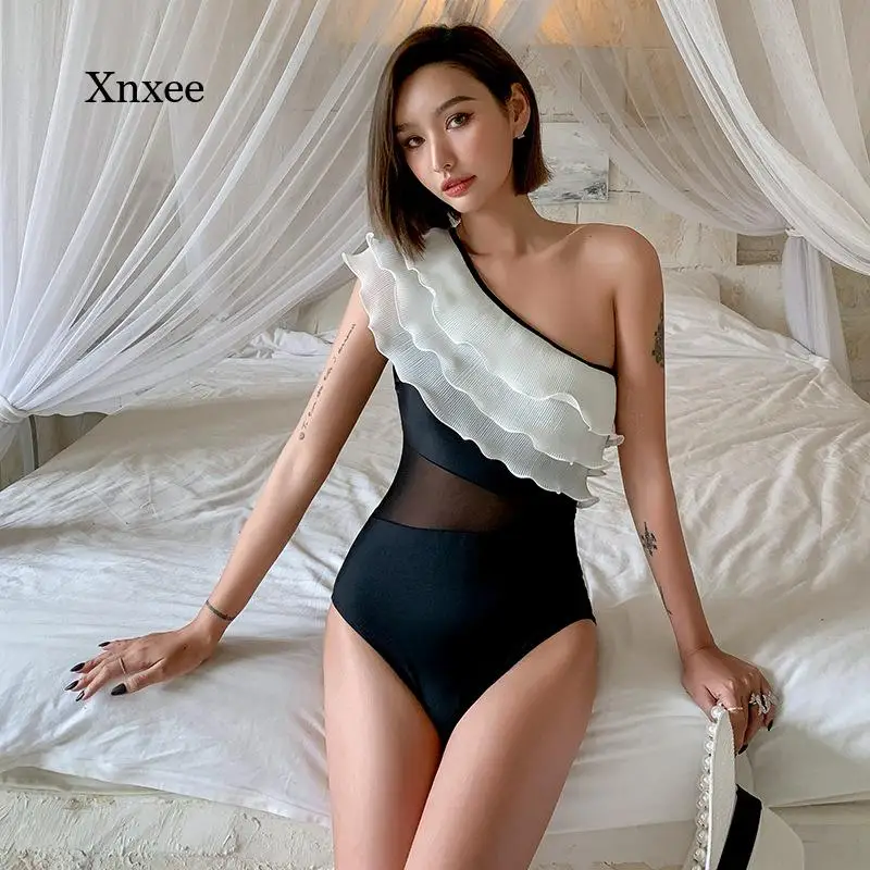 

Korean Swimsuit Ruffles One-Shoulder New Popular Women's Low-Cut Ruffled Side One-Piece Bikini Temperament Outfit Bathing Suit