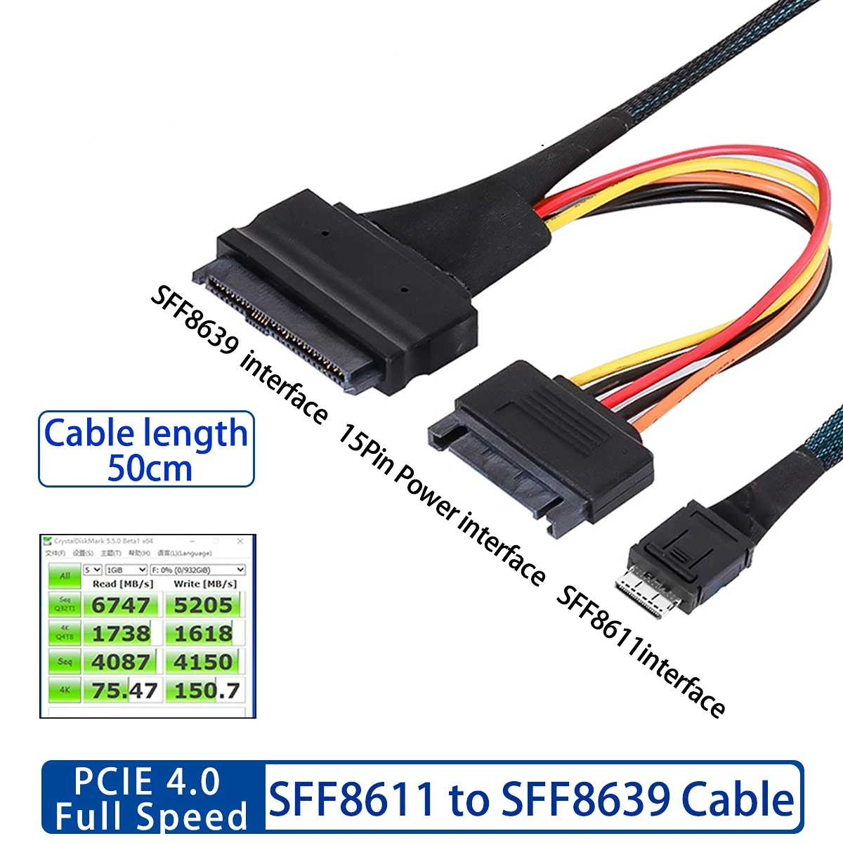 

50cm Oculink SFF-8611 to U.2 (SFF-8639) Cable for 2.5\" NVMe SSD for Mainboard
